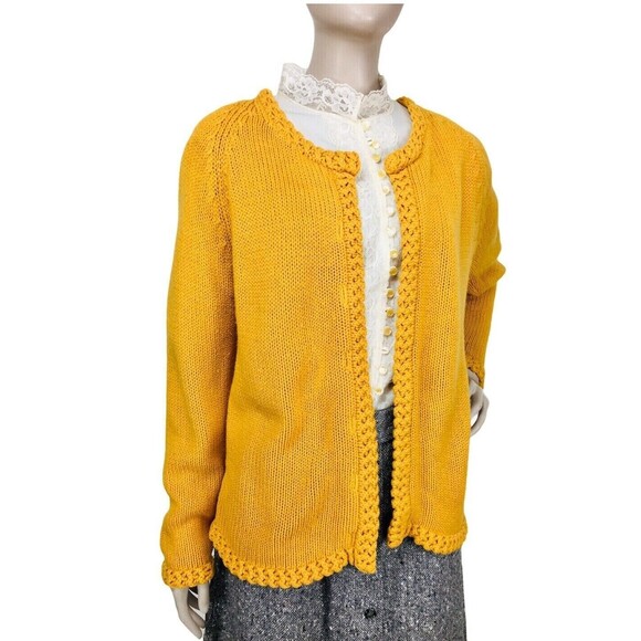 Vintage 70s Mustard Gold Crochet Hand Knit Open Front Cardigan Sweater S/M/L - Picture 1 of 7